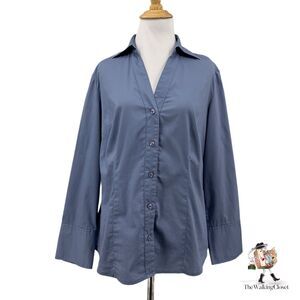 Ann Taylor Shirt Womens 6 Dresden Blue Collared V Neck Long Sleeve Button Front